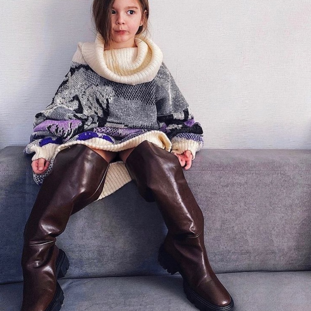 Zara Brown Knee-High Chunky Sole Leather Boots - Picture 12 of 17